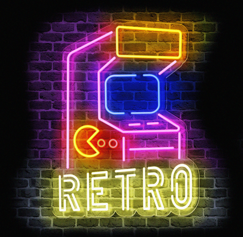 Neon LED w stylu retro arcade na tle ceglanej ściany