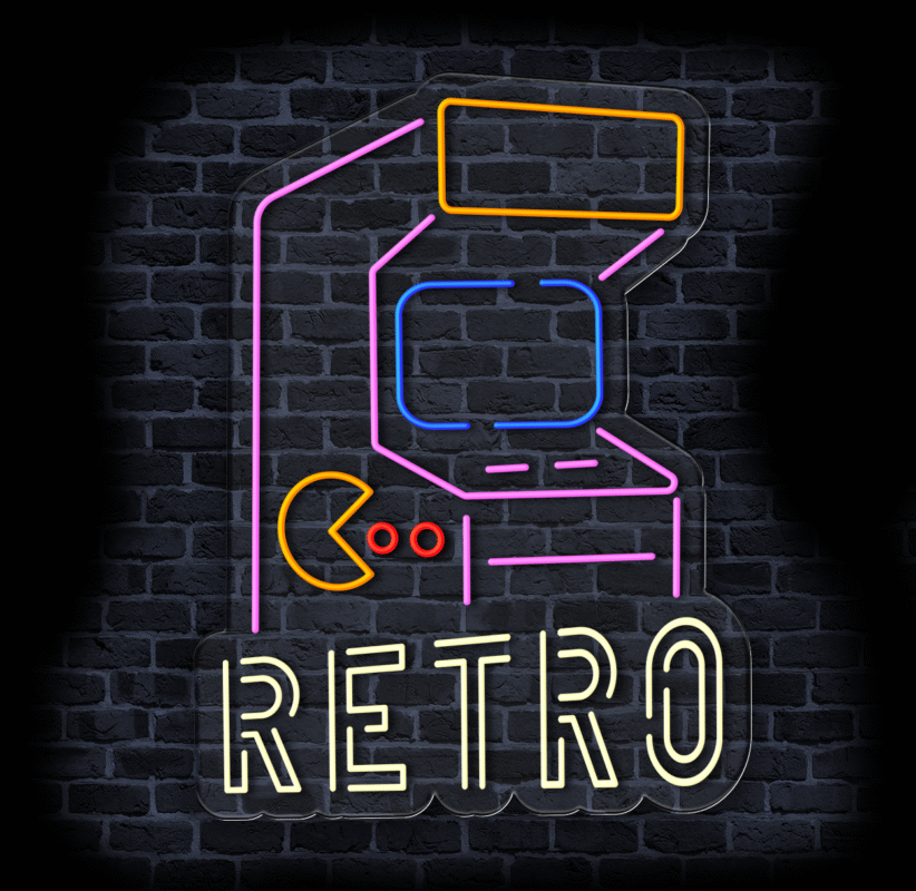 Neon LED w kształcie automatu arcade z napisem retro, na tle ciemnej ceglanej ściany