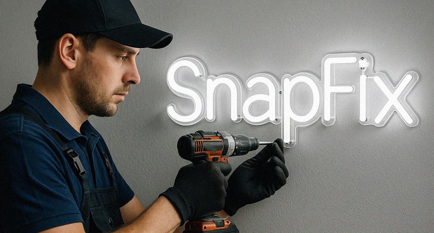 Monter instaluje neonowy napis SnapFix na szarej ścianie za pomocą wkrętarki.