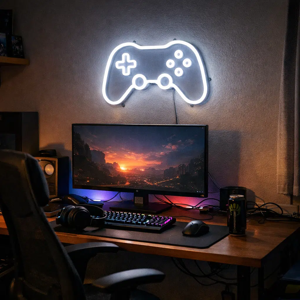 Neon gamingowy w kształcie pada nad biurkiem gracza – dekoracyjny neon LED do pokoju gamingowego